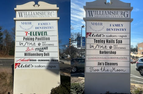 Sign listing stores at Williamsburg Shopping Center